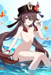 1girls ai_generated artconnoisseur breasts brown_hair butterfly cute female female_only genshin_impact happy hu_tao_(genshin_impact) long_hair looking_at_viewer nipples novelai nude petite sitting small_breasts solo solo_female water