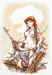 antaeus anthro barbed_wire breasts bullets claws feline female fur furry gloves gun looking_at_viewer nude piercing pussy red_hair solo tattoo weapon