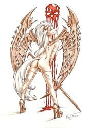 angel antaeus blood feline feline female fingering hair long_hair looking_back masturbation nude pussy skull solo standing sword weapon wings