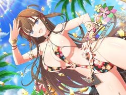 armpits ass_visible_through_thighs bare_arms bare_belly bare_legs bare_shoulders bare_thighs big_breasts bikini blush body_blush breasts brown_hair chinese_knot choker cleavage collarbone cross_pupils earrings floral_print hair_ornament hand_on_own_hip long_hair marvelous nail_polish official_art open_mouth outdoors red_nails revealing_clothes senran_kagura senran_kagura_new_link shiny_skin sideboob slingshot_swimsuit smile thick_thighs thighs toki_(senran_kagura) underboob wet_body wrist_cuffs yaegashi_nan