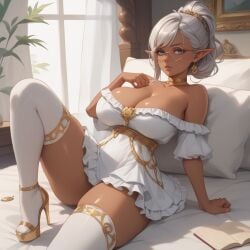 ai_generated arm_support bed blue_eyes choker cleavage earrings elf gold_footwear high_heels large_breasts leg_up miniskirt off_shoulder original_character silver_hair sitting tan_body thighhighs tied_hair updo voluptuous