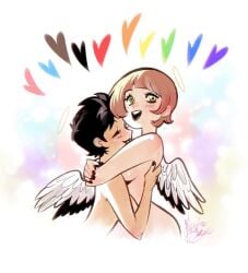 2girls angel angel_wings black_lipstick breasts cute female happy hugging light-skinned_female light_skin mirka_andolfo nude pride_colors tagme wholesome wholesome_nudity wings yuri