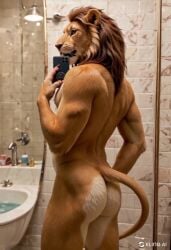 2024 ai_generated animated anthro ass bathroom carnivalecloudmuncher furry hyperrealistic lion looking_back male male_only mammal mirror_selfie nude photorealism photorealistic realism realistic rear_view self_upload selfie smartphone solo solo_male tagme tail video