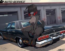 ai_art ai_generated anthro breasts canid canine female female_dog ford ford_galaxie furry manon_vedette_(yaamii) mutt muttgirl nipples oc original_character pinup tail vehicle yaamii