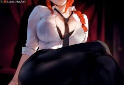 ai_generated bra_visible_through_clothes chainsaw_man luxuriaart makima_(chainsaw_man) office_lady red_hair suit thiccwithaq_(ai_style)