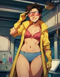 adjusting_eyewear ai_generated bikini bottle bra breasts brown_hair clavicle cleavage clothing coat earrings eyewear eyewear_on_head female gloves grin indoors jacket jc-fantasy jewelry jubilee looking_at_viewer marvel marvel_comics medium_breasts mole mole_on_breast navel open_clothes open_jacket pantsu short_hair sleeves_rolled_up smile solo standing stomach sunglasses swimsuit teeth thighs tinted_eyewear underwear x-men x-men_97 yellow_gloves yellow_jacket