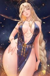 1girls armlet artist_logo bare_shoulders black_dress blonde_hair bracelet breasts circlet cleavage dress elden_ring female female_only fromsoftware fully_clothed gold_bracelet highres jewelry large_breasts long_braid long_hair navel parted_lips pelvic_curtain plunging_neckline prywinko queen_marika_the_eternal signature solo very_long_hair vine_print yellow_eyes yellow_nails