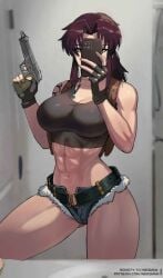 alternate_body_type alternate_version_available athletic athletic_female beretta_92_(weapon) big_breasts black_lagoon casual clothed clothed_female denim_shorts electronics female female_abs firearm fit fit_female gloves gun handgun harness human large_breasts mirror_selfie muscular muscular_female pale_skin phone pistol revy short_shorts tagme tattoo tattooed_arm tattoos thick_thighs weapon wersman