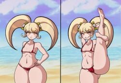 1girls alternate_version_available ass beach big_ass big_butt cheeeeeeeeeeeeen danganronpa danganronpa_2:_goodbye_despair female huge_ass huge_butt micro_bikini one_leg_up saionji_hiyoko shortstack smirking_at_viewer sole_female standing_split