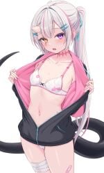 aqua_ribbon bandaged_leg bandages bandaid black_jacket blush bra breasts cameltoe collarbone compact_body cropped_legs female hair_ornament hair_ribbon hairclip heartsix heterochromia highres horns jacket long_hair looking_at_viewer multicolored_hair navel oerba_yun_fang open_clothes open_jacket open_mouth original panties partially_unzipped pink_hair ponytail purple_eyes ribbon simple_background single_horn small_breasts streaked_hair sweatdrop tail underwear white_background white_hair x_hair_ornament yellow_eyes zipper