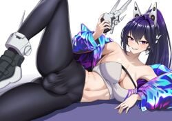 1futa balls breasts bulge bulge_through_clothing cleavage clothed clothing flaccid flaccid_penis fully_clothed futa_only futanari goddess_of_victory:_nikke human large_breasts light-skinned_futanari light_skin on_side penis sin_(nikke) solo solo_futa tight_clothing wujack