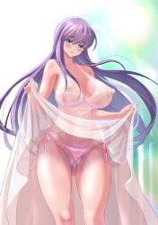 1girls artist_request athena_(saint_seiya) blue_eyes blush clothing erect_nipples female goddess huge_breasts long_hair no_bra pink_thong purple_hair saint_seiya saori_kido shonen_jump solo teenager thong transparent_clothing underwear visible_nipples