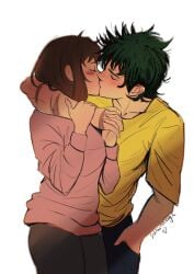 1boy1girl brunette canon_couple green_hair izuku_midoriya kissing my_hero_academia not_porn ochako_uraraka pink_shirt safe safe_for_work scars sfw sunimage wholesome yellow_shirt