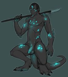 balls bioluminescence black_hair blue_eyes claws full-length_portrait full_length hair male male_only markings penis polearm portrait sheath solo spear spikes standing tail tojo_the_thief unknown_species weapon