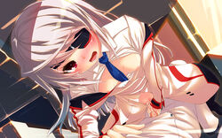 blush breasts cowgirl_position cum cum_inside eye_patch guided_penetration highres hinasaki infinite_stratos inverted_nipples laura_bodewig long_hair nipples open_mouth pussy red_eyes sex silver_hair sitting sitting_on_person small_breasts straddle tear uncensored vaginal_blood vaginal_penetration virgin virginal_blood