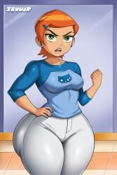 ai_generated ben_10 cartoon_network female_focus green_eyes gwen_tennyson hips hyper_thighs massive_thighs orange_hair thunder_thighs uglyx_(artist) younger_female