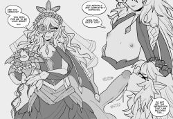 1boy 1girls alternate_costume bbdouble bouquet breasts breasts_out bride dress embla_(closed-off_bride)_(fire_emblem) embla_(fire_emblem) english_text fellatio female female_focus fire_emblem fire_emblem_heroes flat_chest flower hair_over_one_eye husband husband_and_wife multiple_views nintendo nipples official_alternate_costume oral penis pointy_ears presenting presenting_breasts small_breasts straight testicles text wedding_dress wife