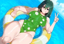 ai_generated black_eyes boku_no_hero_academia covered_nipples creamy_ai curvy dark_green_hair frog_girl green_hair innertube large_breasts lying my_hero_academia on_back one-piece_swimsuit pool swim_ring thick_thighs tsuyu_asui v_sign wide_hips