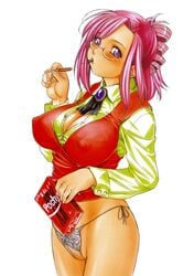 big_breasts breasts cleavage crotchless_panties glasses highres kazami_mizuho nishitsuki_tsutomu no_pants no_skirt big_breasts onegai_teacher panties pink_hair underwear