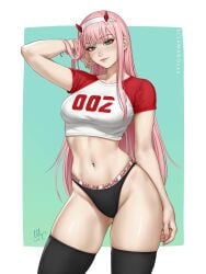 arms_behind_head belly_button big_breasts blush darling_in_the_franxx green_eyes horns long_hair looking_at_viewer panties pink_hair sciamano240 slim_waist teenager thick_thighs thighhighs topwear wide_hips zero_two_(darling_in_the_franxx)