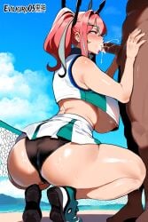 ai_generated ass_focus black_panties blowjob bremerton_(azur_lane) bremerton_(scorching-hot_training)_(azur_lane) cum_in_mouth evilkuro05 fellatio light-skinned_female light-skinned_male light_skin oral_penetration oral_sex seductive_look squatting twintails yostar