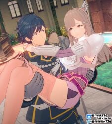 1boy 1girls 3d arm_around_neck arm_around_waist bangs bare_thighs belt blue_eyes blue_hair breastplate breasts brown_eyes brown_hair bush carrying carrying_partner chrom_(fire_emblem) dress feather_hair_ornament feathers fefreak726 female fire_emblem fire_emblem_awakening flower gloves grass hair_ornament indoors leg_grab long_hair looking_at_another male medium_breasts nail_polish nintendo own_hands_together pink_nails princess_carry short_hair smile standing sumia_(fire_emblem) thighhighs thighs