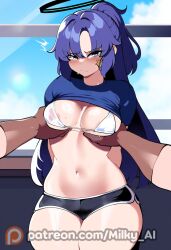 1boy 1girls ai_generated blue_archive blue_eyes blue_hair classroom dolphin_shorts grabbing_breasts gym_uniform halo hi_res medium_breasts milky_ai millennium_science_school_student nipple_slip ponytail portrait seminar_(blue_archive) shirt_lift sportswear thiccwithaq_(ai_style) thick_thighs underwear wet yuuka_(blue_archive) yuuka_(gym_uniform)_(blue_archive)