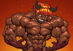 1boy abs anthro biceps big_muscles bodily_fluids claws dark_body dark_nipples dark_skin demon ear_piercing ear_ring fur hair horn horned_humanoid huge_muscles humanoid humanoid_pointy_ears male male_only muscular muscular_arms muscular_male nipples nude nude_humanoid nude_male pecs piercing pokkuti pubes pubic_hair red_hair ring_piercing simple_background solo sweat teeth vein veiny_muscles wasim yellow_eyes