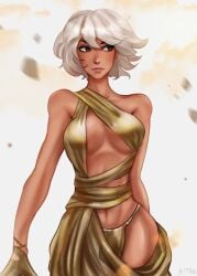 1girls aphrodite aphrodite_(fortnite) bikini dark-skinned_female dark_skin fortnite fortnite:_battle_royale gold_bikini gold_clothing gold_panties golden_bikini golden_clothing solo_female white_hair