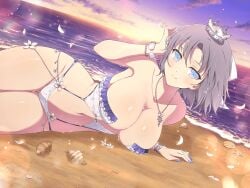 armpits ass_visible_through_thighs bare_belly bare_legs bare_shoulders bare_thighs beach belly_button big_breasts bikini blue_eyes blue_nails blush breasts cleavage closed_mouth collarbone crown grey_hair lying_on_side marvelous nail_polish necklace office_lady outdoors senran_kagura senran_kagura_new_link senran_kagura_shinovi_versus short_hair slingshot_swimsuit smile thick_thighs thighs wet_body white_bikini wristband yaegashi_nan yumi_(senran_kagura)