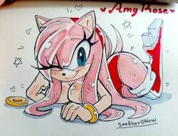 1girls 2024 amy_rose anthro areolae blue_eyes blush boots breasts clothing female female_only hedgehog laying_down long_hair no_gloves one_eye_closed pink_fur pink_hair pink_nipples pose ring seedher_ohlow_(artist) sega shorts smile solo solo_female sonic_(series) sonic_the_hedgehog_(series) tail topless topless_female traditional_media_(artwork) wink