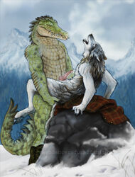 alligator anthro balls boots canine fur furry furry_only gay jacket male no_humans penis rayndancer reptile scalie wolf