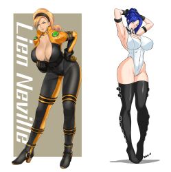 2girls anagumasan big_breasts black_bodysuit black_gloves black_hair_ornament black_hairband blair_dame blonde_female blonde_hair blonde_hair_female blue_hair blush blushing_at_viewer bodysuit boots border breasts bursting_breasts busty capcom character_name choker cleavage curly_hair devil-v edited_image enormous_breasts exposed_breasts female female_focus female_only fighting_ex_layer full_body fully_clothed gloves hair_ornament hair_pulled_back hairband hand_on_hip hi_res high_heel_boots high_resolution highres huge_breasts king_of_fighters king_of_fighters_maximum_impact leather leather_bodysuit leather_clothing leather_gloves leotard lien_neville looking_at_viewer no_bra outside_border parted_lips pose posing seductive seductive_eyes seductive_look seductive_mouth seductive_smile sensual smile smiling_at_viewer snk solo solo_female street_fighter street_fighter_ex_(series) thigh_boots thigh_high_boots tight_bodysuit tight_clothing tight_fit two-tone_bodysuit two-tone_gloves unzipped unzipped_bodysuit voluptuous voluptuous_female white_border yellow_bodysuit yellow_choker yellow_gloves zipper