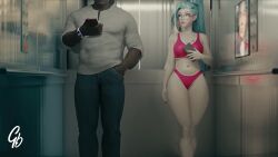 1boy 1girls blue_hair cottontailva dark-skinned_male generalbutch k/da_all_out_seraphine k/da_all_out_series k/da_series league_of_legends light-skinned_female male riot_games seraphine_(league_of_legends) thick_thighs