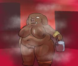 anthro belly bodily_fluids breasts bucket container cum cum_covered cum_in_bucket cum_in_container domestic_pig female genital_fluids genitals mammal messy microsoft minecraft mojang musk musk_clouds nipples nude overweight overweight_female oxkingky piglin pussy short_stack solo suid suina sus_(pig) sweat xbox_game_studios