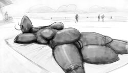 ant anthro arthropod beach breasts doctordj featureless_breasts female genitals hi_res hymenopteran insects mel_(bigchallenges) nude overweight overweight_female pussy solo sunbathing