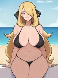 1girls bikini blonde_hair breasts cynthia_(pokemon) female hair_over_one_eye hi_res hips huge_breasts light-skinned_female light_skin long_hair mereoleonart nintendo pokemon pokemon_dppt thick_thighs thighs wide_hips