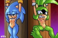 2024 afrosoricid anthro anus areola arms_above_head arms_tied ass barefoot bladetigerx blue_body blue_eyes bound breasts collaboration duo eulipotyphlan fan_character feet female flat_chested genitals green_body green_eyes green_hair hair hedgehog hi_res hyoumaru idw_comics idw_publishing mammal navel nipple_piercing nipples open_mouth piercing pussy rule_63 sega soles sonic_(series) sonic_the_hedgehog_(comics) sonic_the_hedgehog_(idw) sonic_the_hedgehog_(series) sonique_the_hedgehog surge_the_tenrec tan_body tenrec