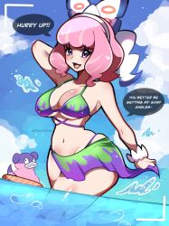 alternate_costume artist_name bare_arms bare_legs beach bikini bow bracelet breasts cleavage collarbone colored_skin creatures_(company) drill_hair eyeshadow fangs fangs_out female flipped_hair galarian_slowbro game_freak hairband hairbow highres jewelry klara_(pokemon) large_breasts makeup mole mole_under_mouth navel nintendo pink_eyeshadow pink_hair pink_lips pink_skin pokemon pokemon_ss purple_eyes shaded_face short_hair skindentation swimsuit touyarokii twin_drills twitter_username viewfinder water white_bow white_hairband