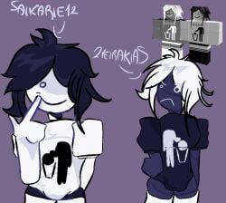 2boys angry black_hair black_legwear black_shirt black_skin boop femboy hands_behind_back hands_on_ass hands_on_hips happy_face reference_image roblox roblox_avatar robloxian tagme text white_hair white_legwear white_shirt white_skin