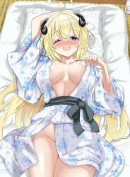 1girls animal_ears blonde_hair blush breasts clothed clothing cup drunk eyebrows_visible_through_hair female female_only futon holoforce hololive hololive_japan horns huge_breasts indoors inokeiwd laying_down laying_on_bed light-skinned_female light_skin no_bra no_panties no_underwear nose_blush one_eye_closed purple_eye sake sake_cup sheep_ears sheep_girl sheep_horns solo tatami tsunomaki_watame virtual_youtuber wine yukata