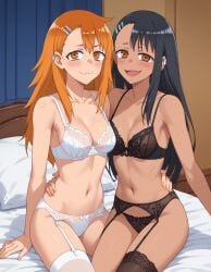 2girls ai_generated bed bedroom black_hair black_lingerie blush gamo-chan hayase_nagatoro lingerie lingerie_only looking_at_viewer orange_eyes orange_hair please_don't_bully_me,_nagatoro slyndor smile smiling_at_viewer stable_diffusion white_lingerie