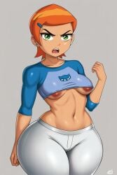 ai_generated ben_10 breasts cartoon_network female_focus green_eyes gwen_tennyson hips orange_hair simple_background uglyx_(artist) younger_female