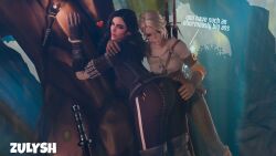 2girls 3d ass ass_grab big_ass black_hair bubble_butt ciri clothing horse multiple_girls scar sword the_witcher_(series) the_witcher_3:_wild_hunt white_hair yennefer yuri zulysh