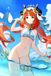 1girls ai_generated aqua_eyes artconnoisseur bangs beach bikini bikini_top bottomless closed_mouth clothed cute female genshin_impact happy horns long_hair looking_at_viewer medium_breasts navel nilou_(genshin_impact) novelai orange_hair partially_clothed pussy red_hair smiling solo standing stomach thighs tropical vagina veil water