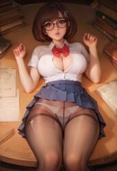 1girls ai_generated anaslex big_breasts blue_eyes bob_cut bowtie brown_hair collared_shirt fringe glasses hands_up hi_res knees_together_feet_apart large_breasts library lying_on_back lying_on_table nerdy_female pale-skinned_female pale_skin panties panties_under_pantyhose pantyhose pleated_skirt school_uniform schoolgirl schoolgirl_uniform short_sleeves shy skirt skirt_up solo surprised surprised_expression thick_thighs unbuttoned white_panties