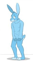 anthro blue_body blue_eyes blue_fur bottomless bucklebunny clothed clothing erection erection_under_clothing front_view fur grin head_tuft hi_res lagomorph leporid long_ears looking_at_viewer male mammal partially_colored rabbit shy simple_background smile solo standing teeth tuft white_background