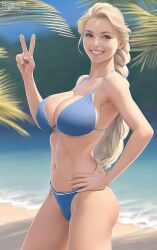 ai_generated beach bikini cleavage disney disney_princess elsa_(frozen) frozen_(film) large_breasts peace_sign promptanon stable_diffusion