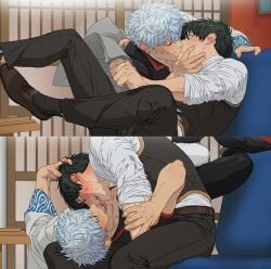 2boys arm_grab big_mogong black_hair blush commission eye_contact face_grab fully_clothed gay gintama gintoki_sakata hand_on_another's_face hand_on_another's_head head_grab hijikata_toshiro indoors kimono kissing looking_at_another making_out male male_only multiple_images open_mouth police_officer police_uniform shinsengumi_(gintama) sleeves_rolled_up surprised tongue_out uniform watermark white_hair yaoi