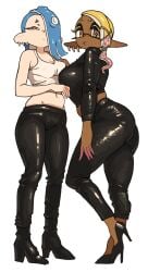 2girls ass blue_hair breast_size_difference breasts brown_skin chocolate_and_vanilla cleavage clothed dark-skinned_female dark_skin deep_cut_(splatoon) female frye_(splatoon) hair_over_one_eye heels hi_res high_heels huge_breasts inkling large_ass latex light-skinned_female light_skin long_ears looking_at_viewer medium_hair midriff nintendo octoling red_eyes shiver_(splatoon) small_breasts splatoon splatoon_(series) splatoon_3 tank_top tentacle_hair thick_thighs tight_clothing yellow_eyes yellow_hair yuta_agc